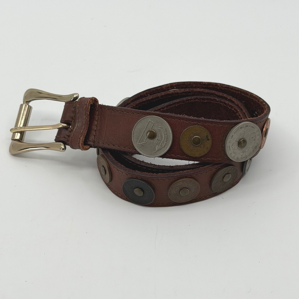 Vintage Leather Belt Womens XS Coin Studded International Currency Brown Boho